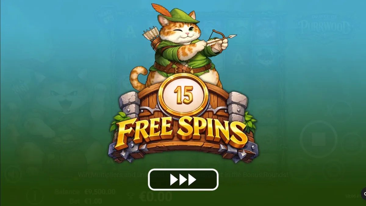 Karakter kucing pahlawan dalam latar hutan fantasi slot Prince of Purrwood