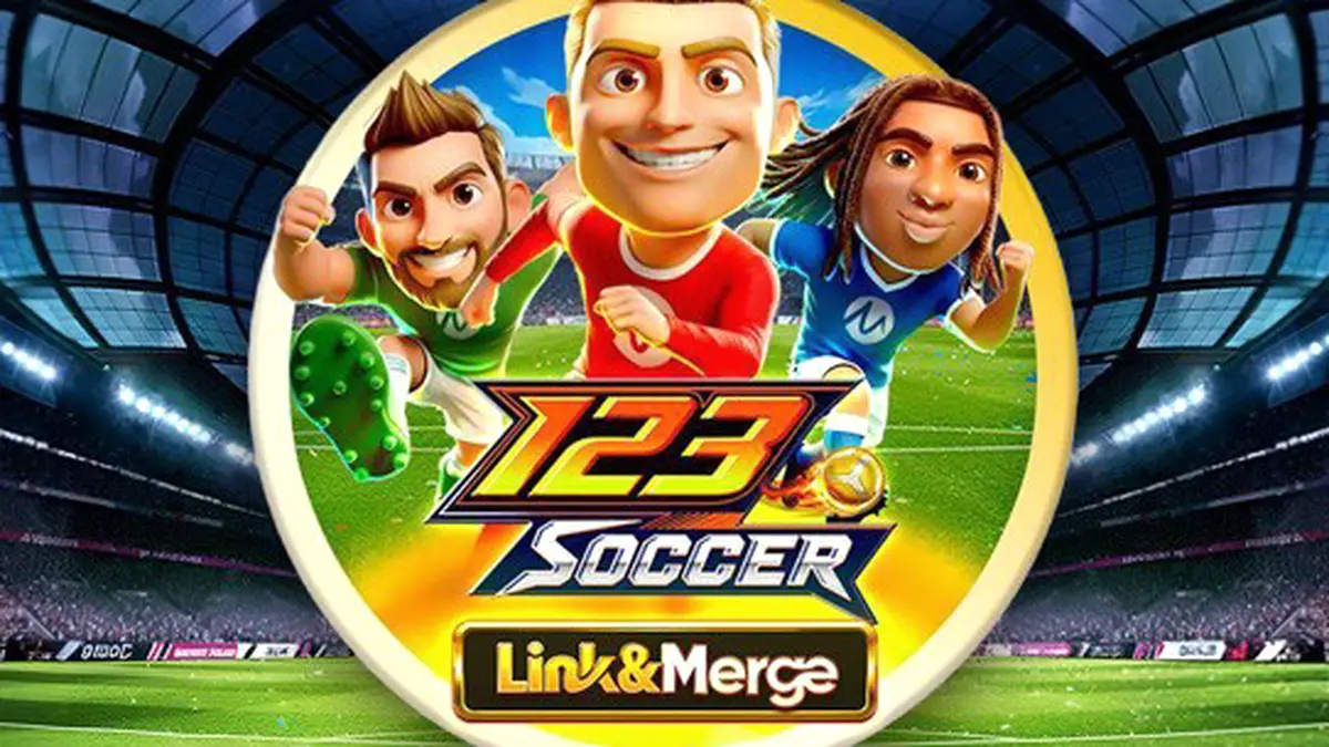 Tampilan visual slot 123 Soccer Link&Merge dengan latar belakang stadion dan simbol koin sepak bola.